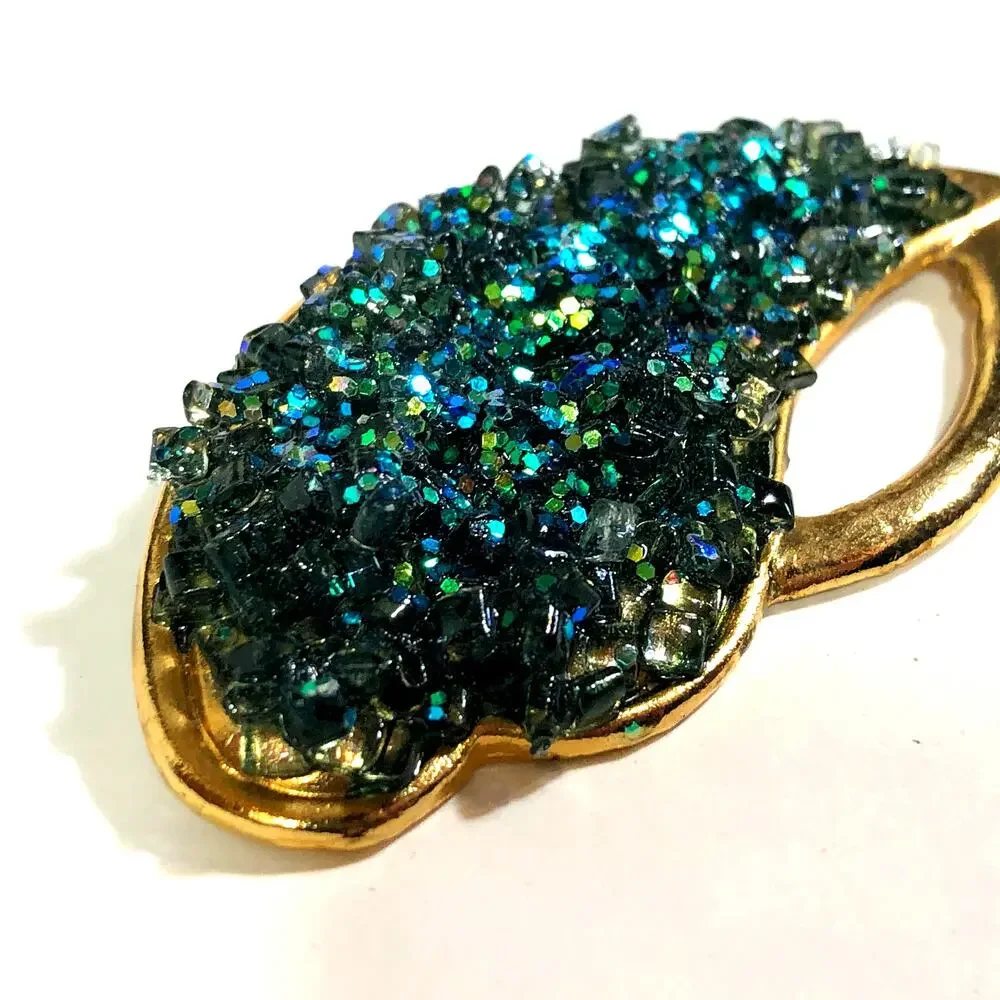 Green Glass Glitter Brooch Gold Tone Large Statement Vintage Retro Sparkle